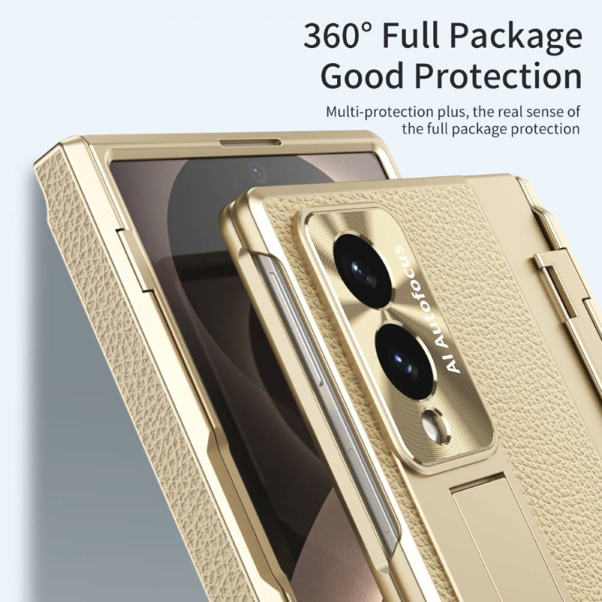 Goldenes Handy mit dreifacher Kameralinse und Text.