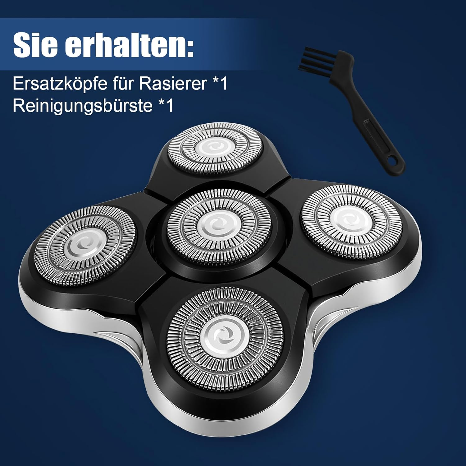 Ersatzscherköpfe und Reinigungsbürste für einen Rasierer auf blauem Hintergrund.