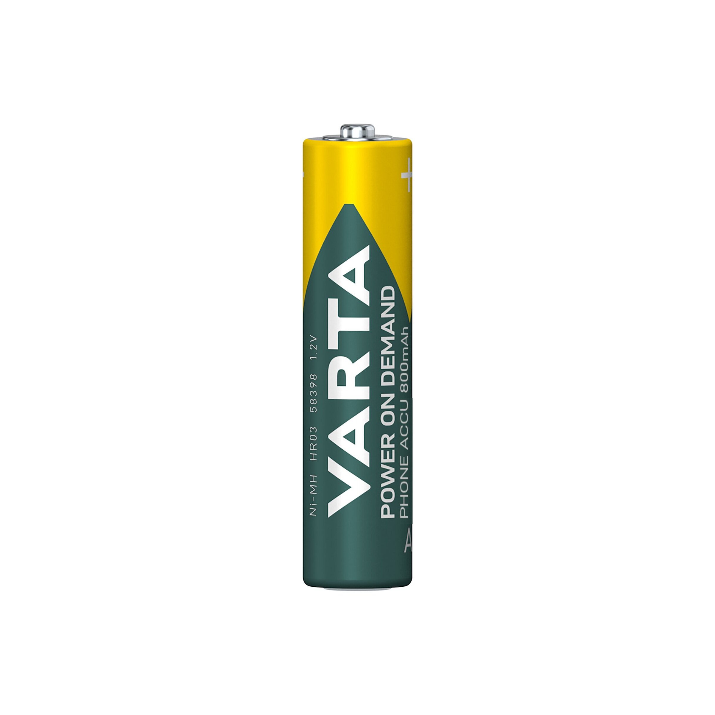 Eine Varta AAA Ni-MH Batterie mit gelbem Oberteil und grüner Unterseite.
