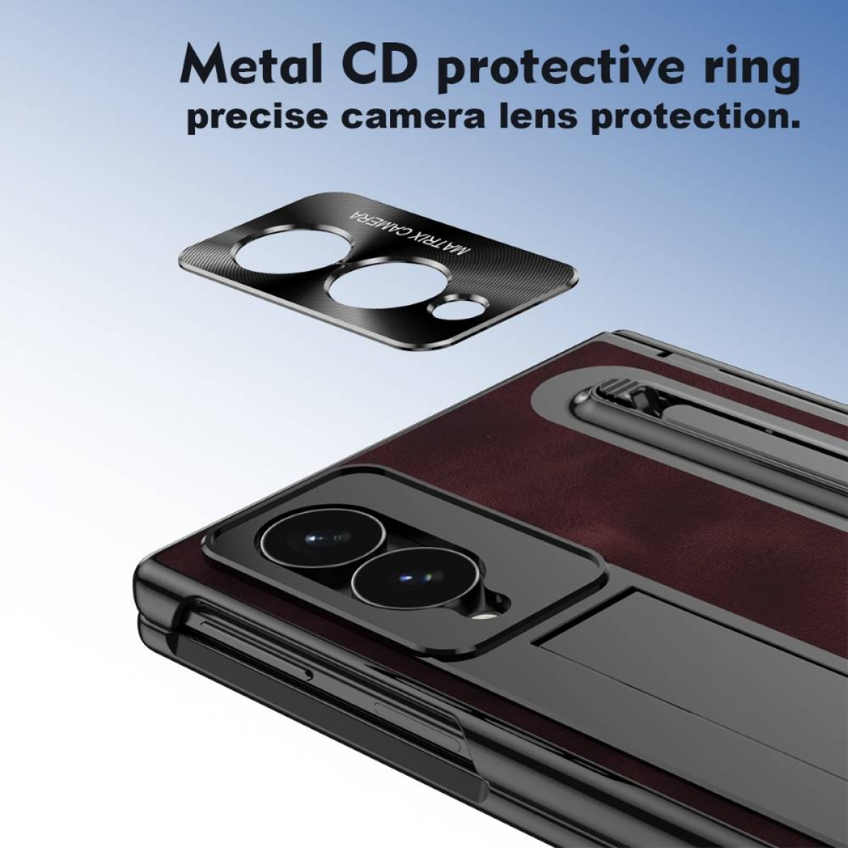 Ein metallischer CD-Schutzring schwebt über einem Smartphone mit dunkelrotem Rücken und zwei Kameras.