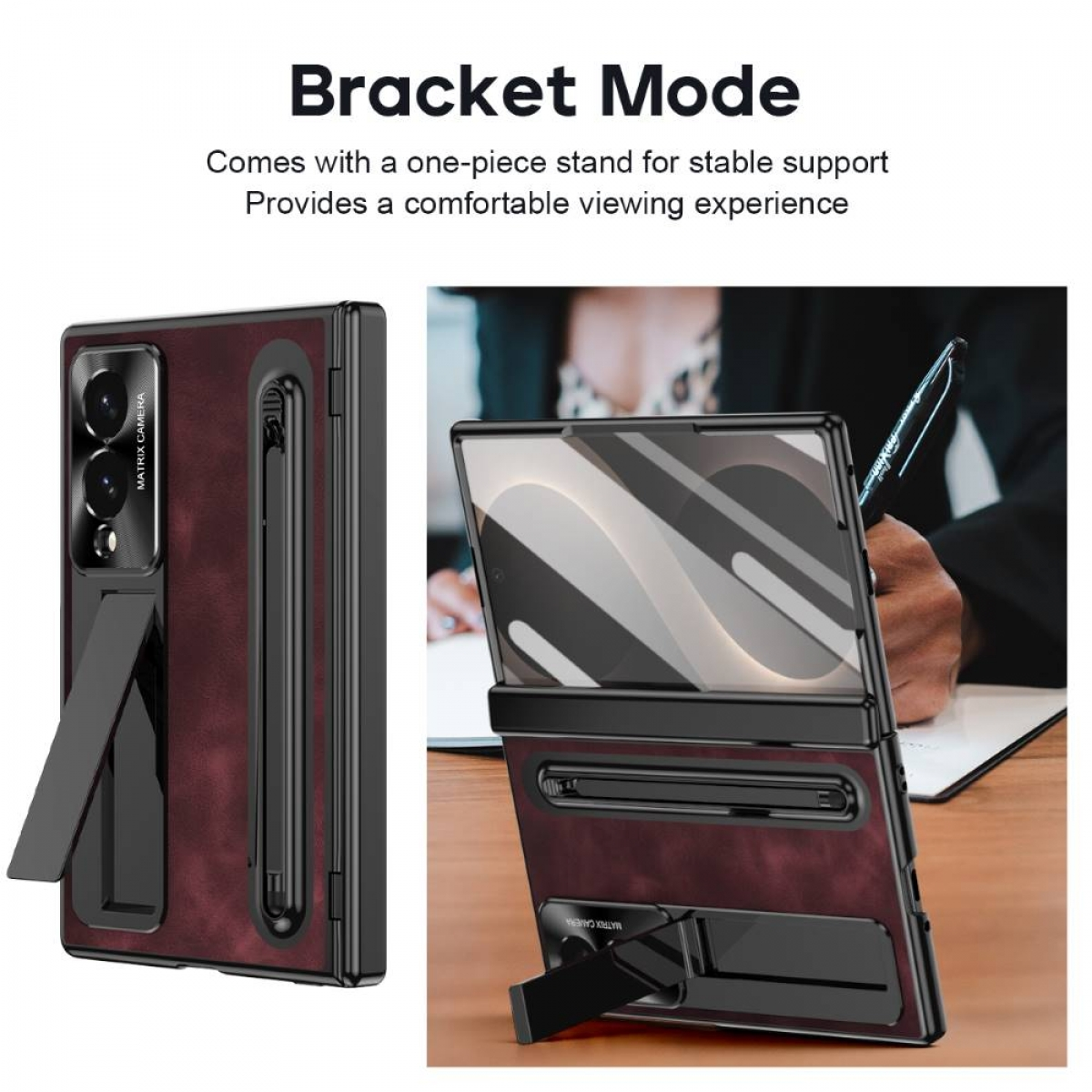 Handyhülle mit integriertem Ständer im Bracket-Modus. Dunkelrote Ledertextur.