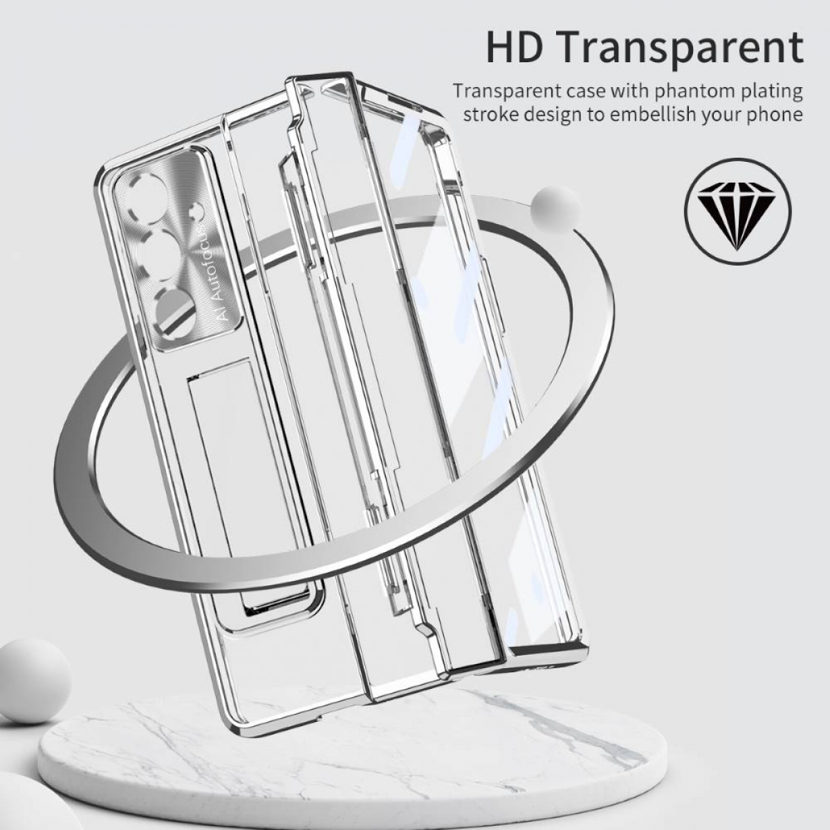 Transparente Handyhülle mit silbernem Ring und Marmorsockel.