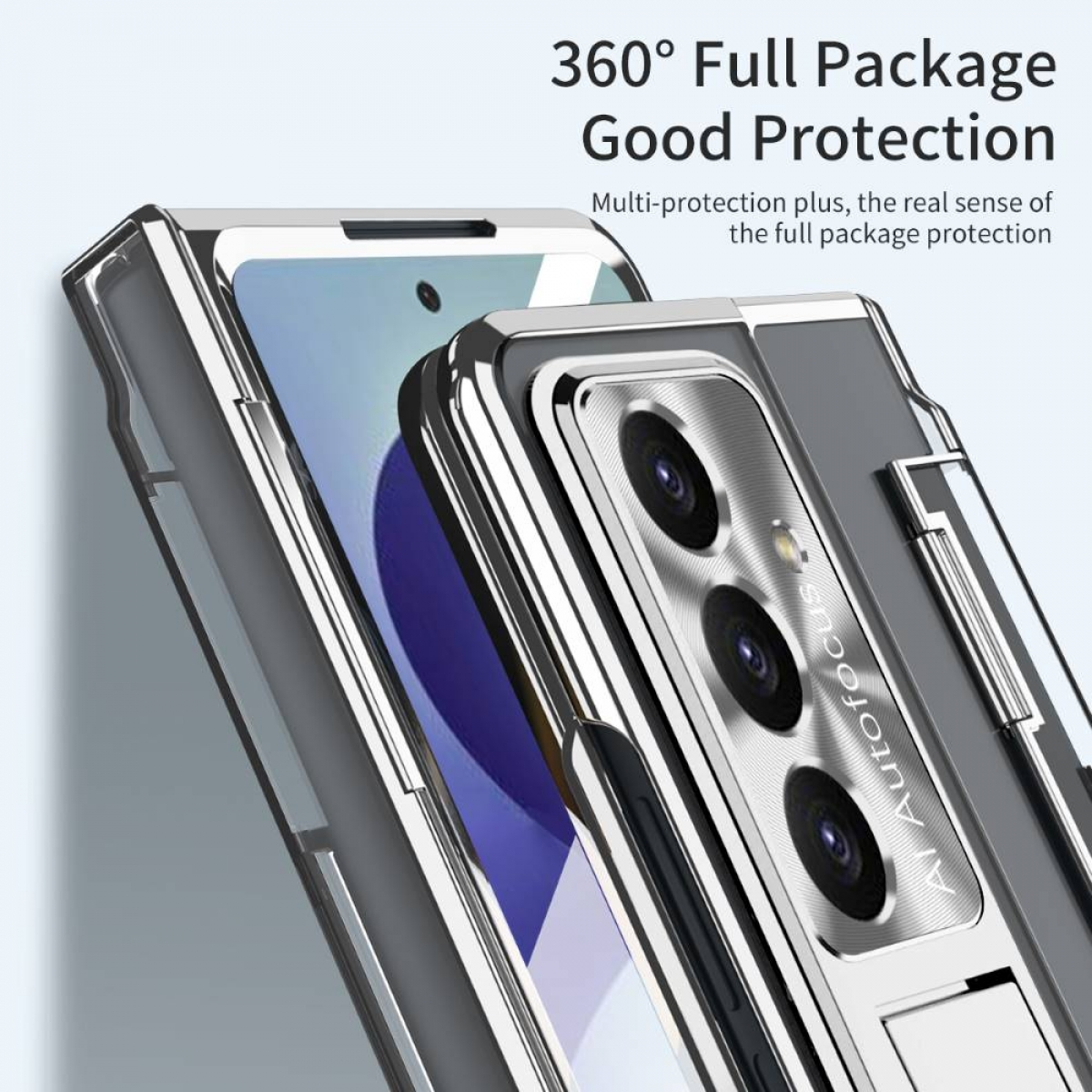 Nahaufnahme eines Smartphones in einer transparenten Schutzhülle, das sein Kameramodul mit drei Objektiven und dem Text „AI Autofocus“ zeigt.