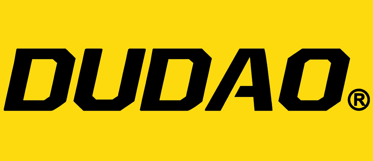 Czarny napis "DUDAO" ze znakiem towarowym zarejestrowanym na żółtym tle.