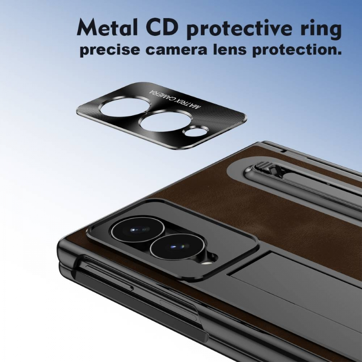 Ein schwarzer Metall-Kameraobjektivschutz mit der Aufschrift „MATRIX CAMERA“ schwebt über einem Smartphone.
