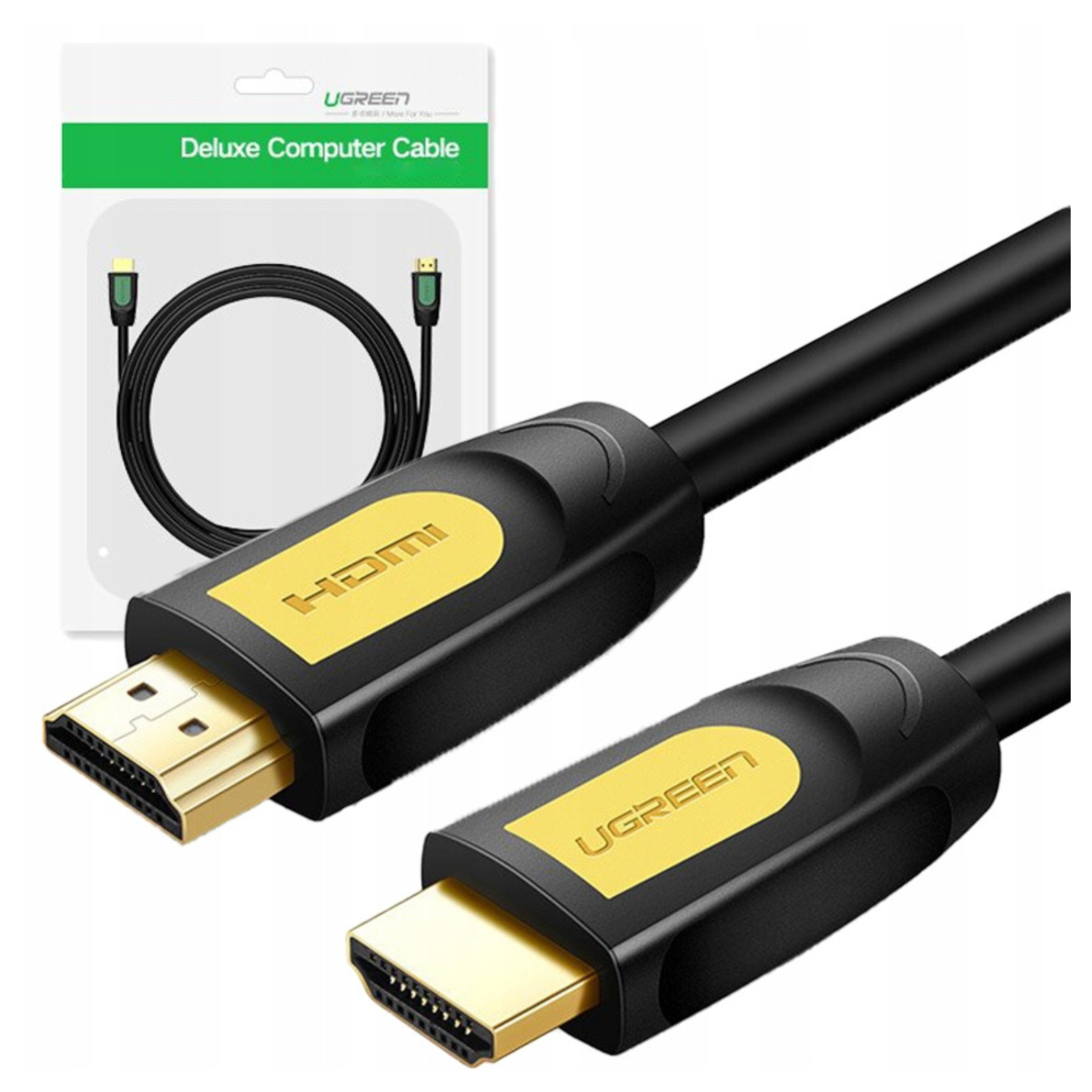 Czarny kabel HDMI ze złotymi złączami leży na białym tle.