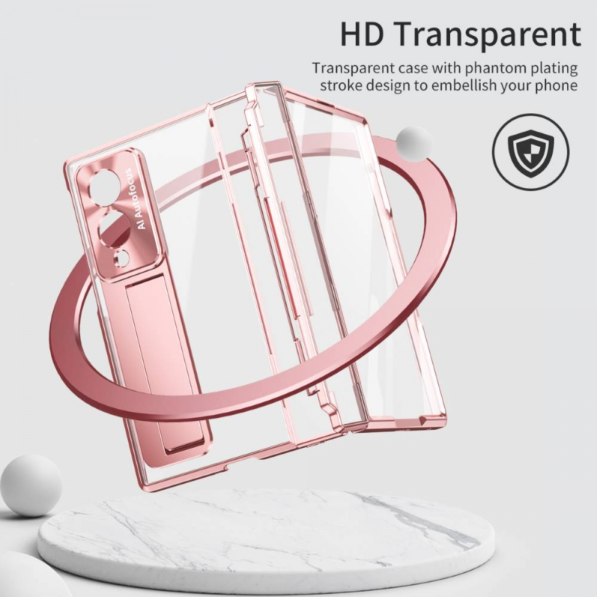 Transparente Hülle mit Roségold-Rahmen und Kamerabereich für ein Smartphone.