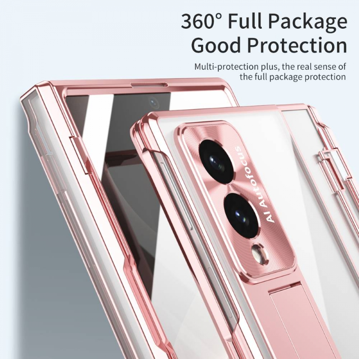 Eine roségoldene Handyhülle schützt ein Smartphone mit drei Kameras.
