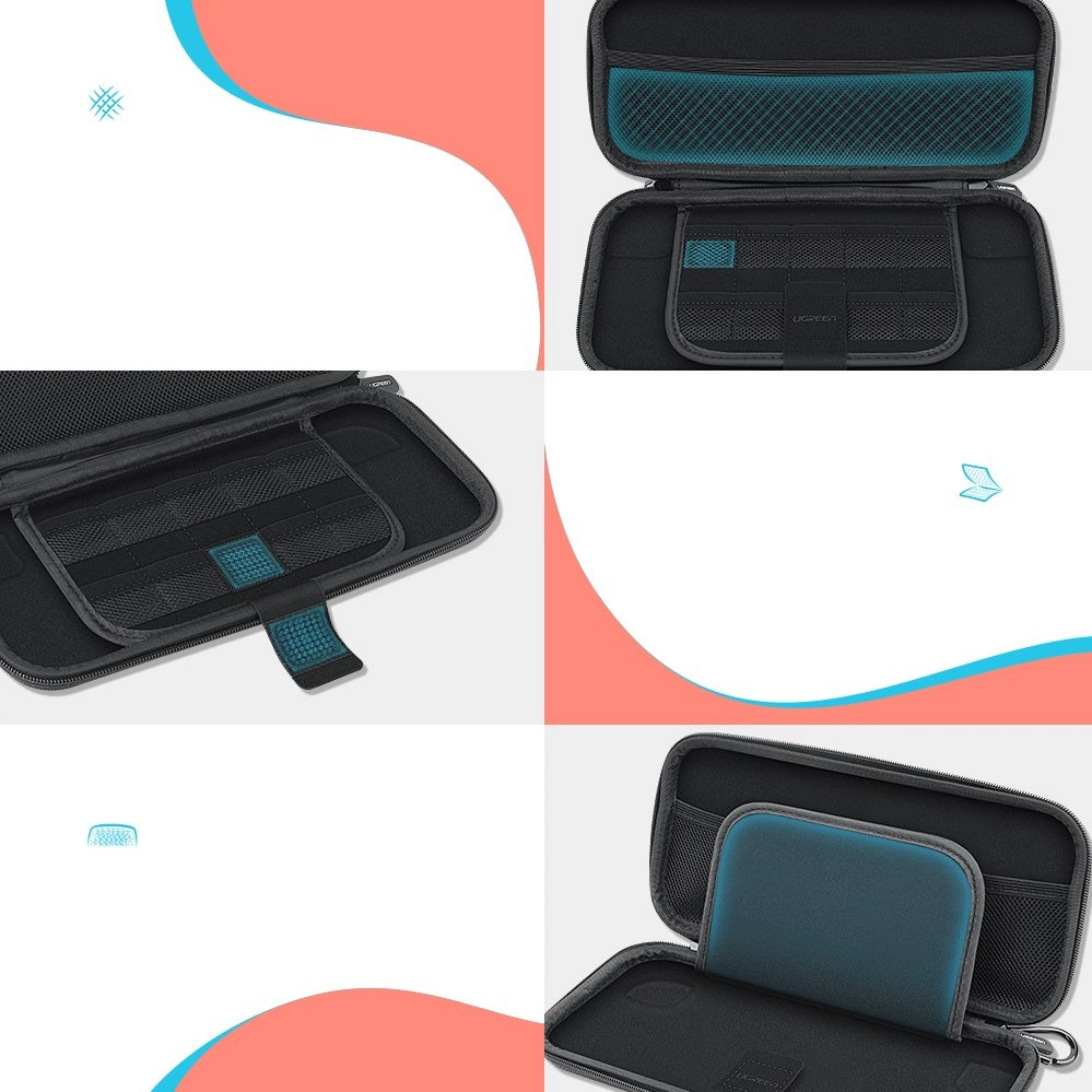 Un collage che mostra diverse viste di una custodia nera aperta con tasche in rete blu e scomparti per l'elettronica.