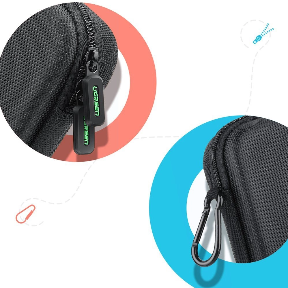 Borsa nera con cerniera, dettaglio UGREEN e moschettone.