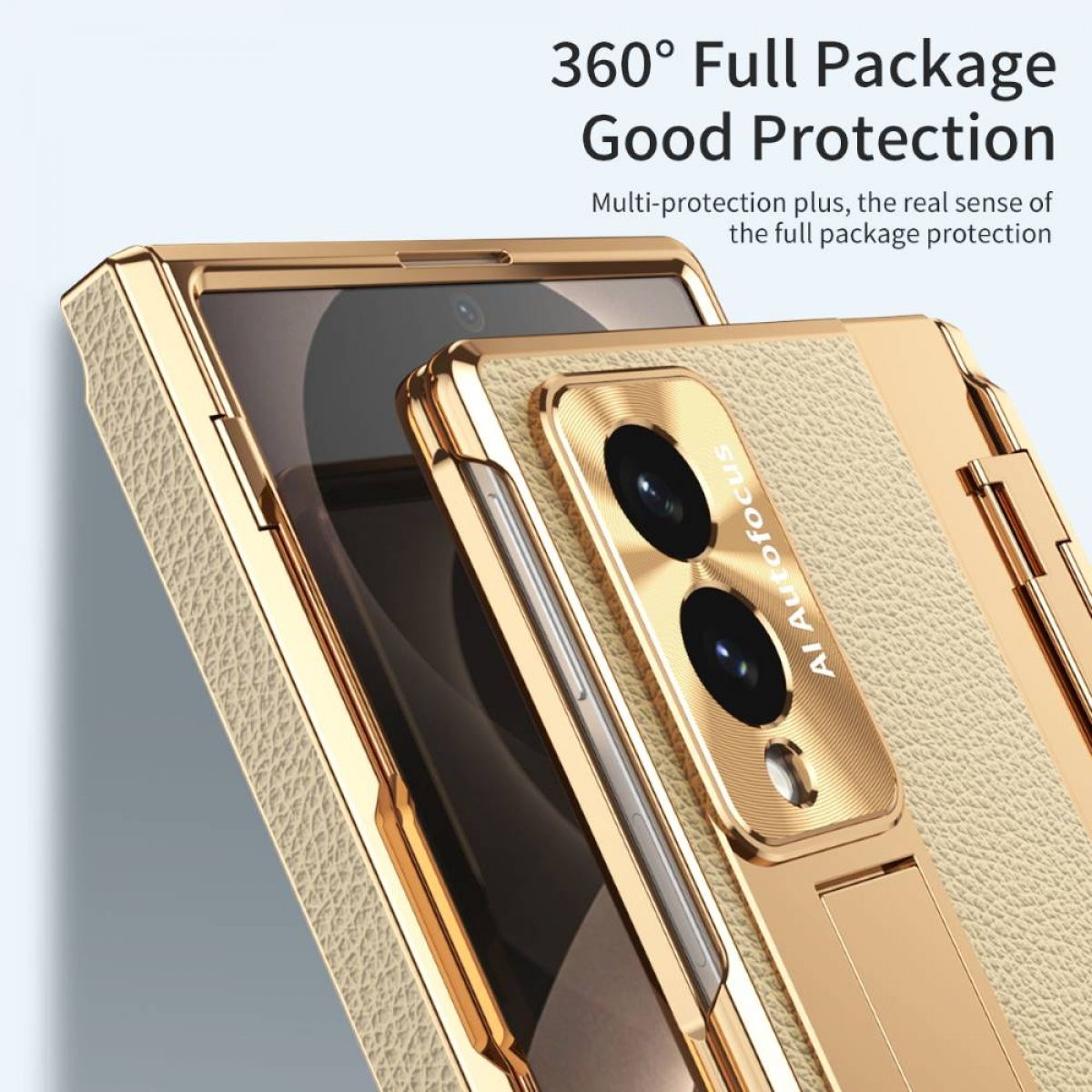 Goldenes Handycover mit 360°-Schutz und fokussierter Kamera.