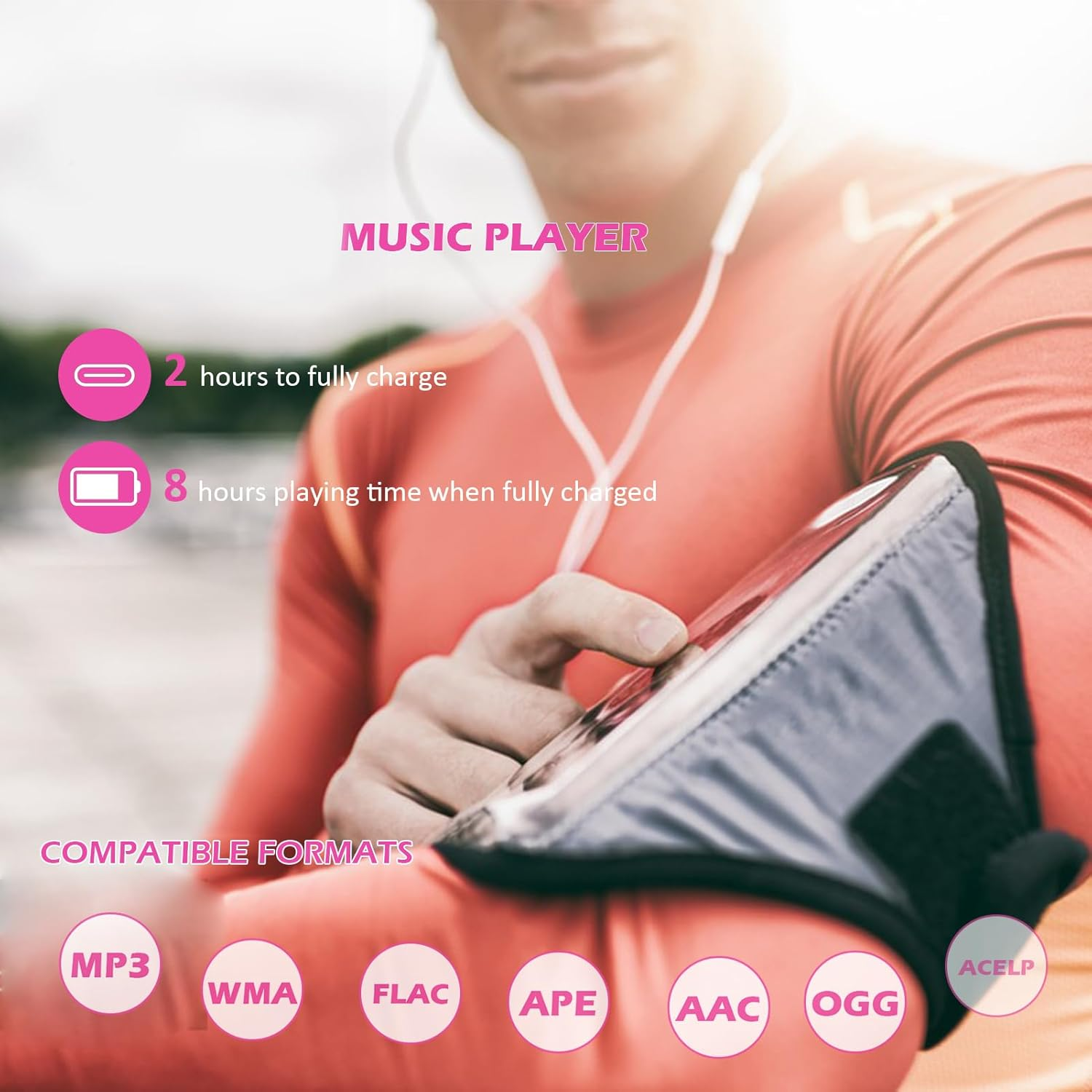 Musik-Player mit 2h Ladezeit und 8h Wiedergabe, unterstützt MP3, WMA, FLAC, APE, AAC, OGG, ACELP.
