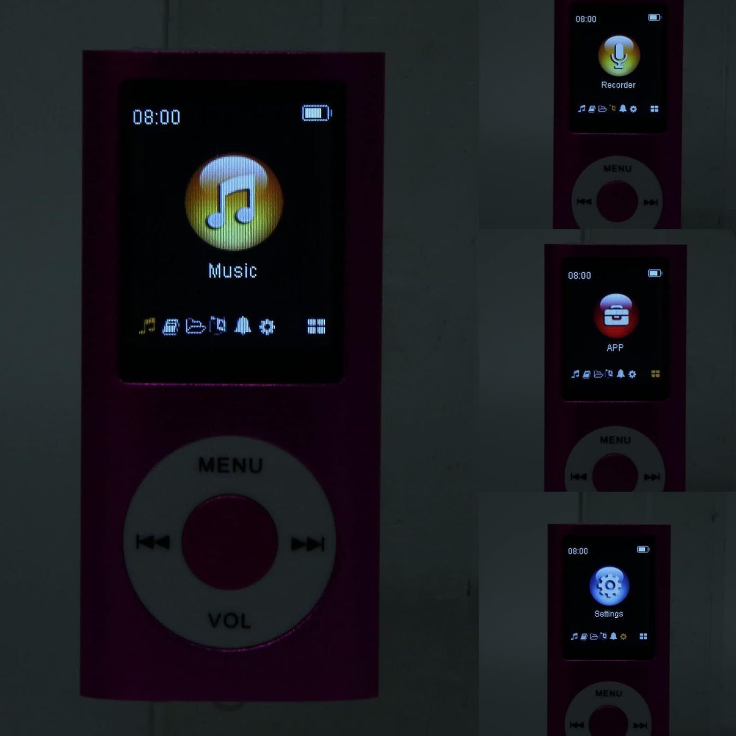 Ein pinker MP3-Player mit verschiedenen App-Symbolen auf dem Bildschirm.