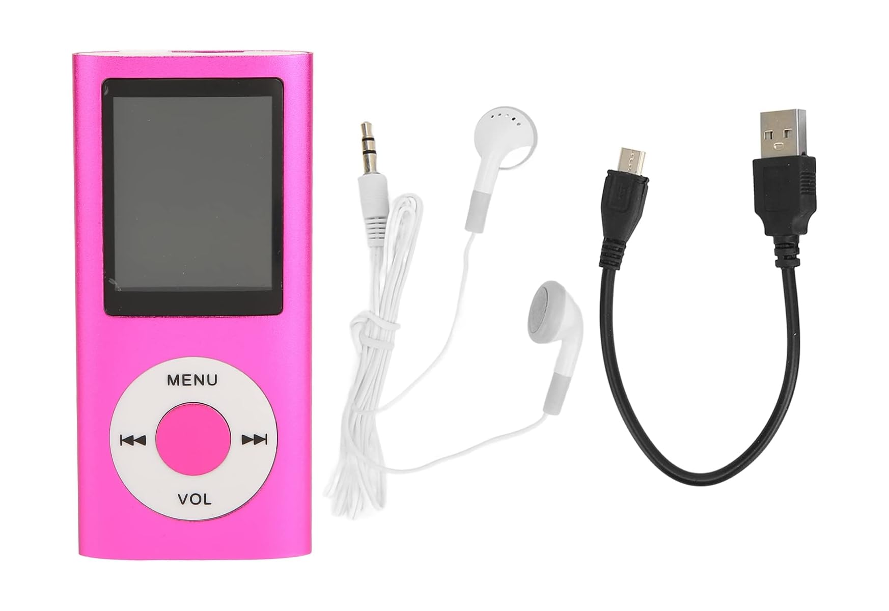 Ein pinker MP3-Player mit Kopfhörern und USB-Kabel auf weißem Hintergrund.