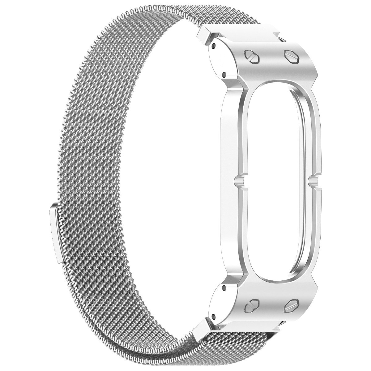 Ein silbernes Metallarmband für ein Smartwatch-Display.