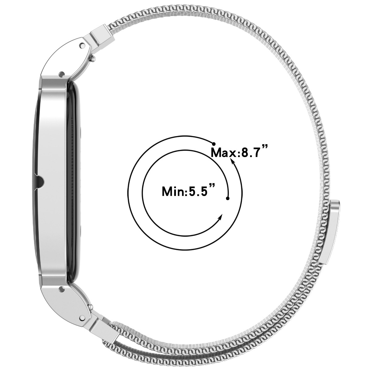Eine silberne Smartwatch mit einem Mesh-Armband, die einen minimalen Handgelenkumfang von 5,5 Zoll und einen maximalen von 8,7 Zoll anzeigt.