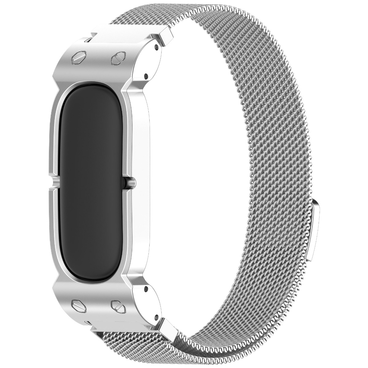 Ein silbernes Metallarmband mit einem schwarzen Display, das an einem Gliederarmband befestigt ist.