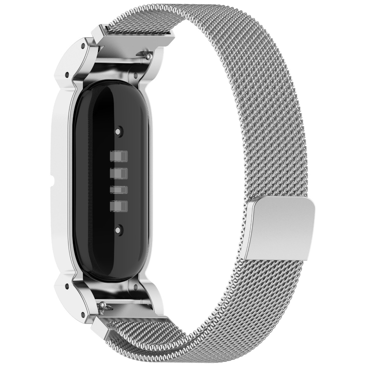 Silbernes Smartwatch-Armband mit Mesh-Armband und schwarzem Sensoreinsatz mit vier Ladekontakten.