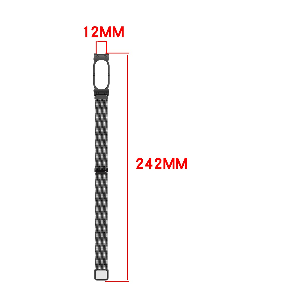 Ein graues Metallarmband für Smartwatches, 242 mm lang und 12 mm breit.