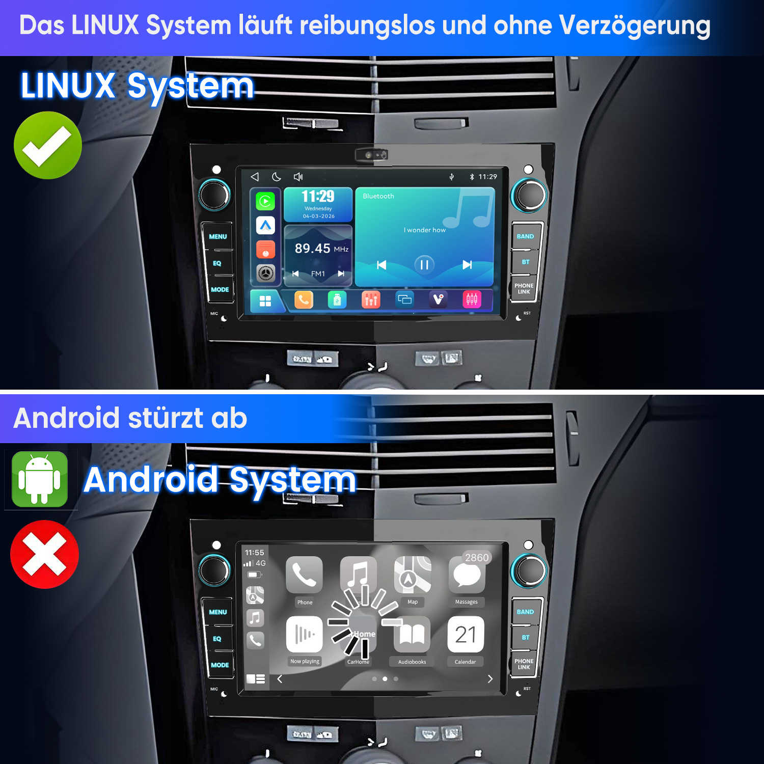 Oberes Bild: LINUX System läuft flüssig. Unteres Bild: Android System stürzt ab.