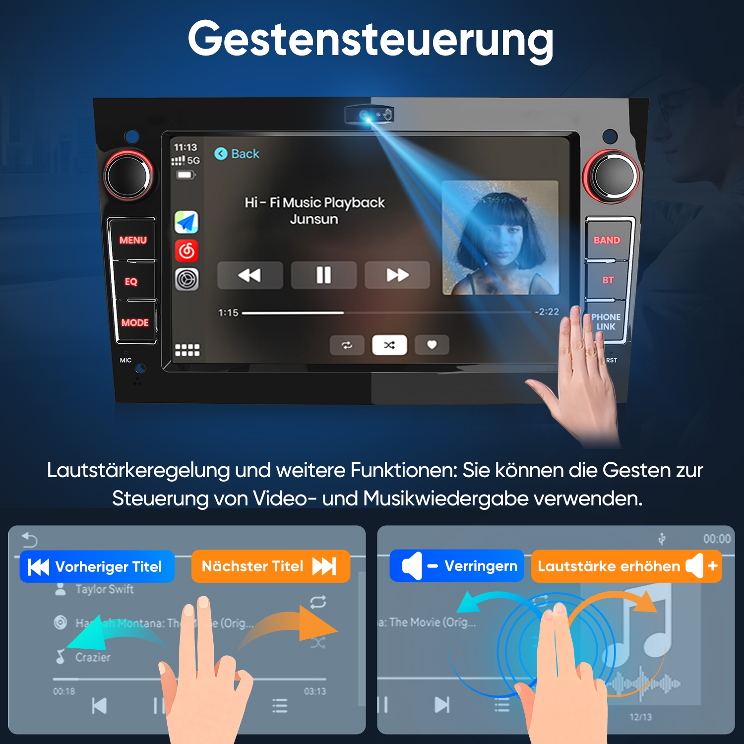 Ein Auto-Infotainment-System mit Musikwiedergabe und Gestensteuerung.