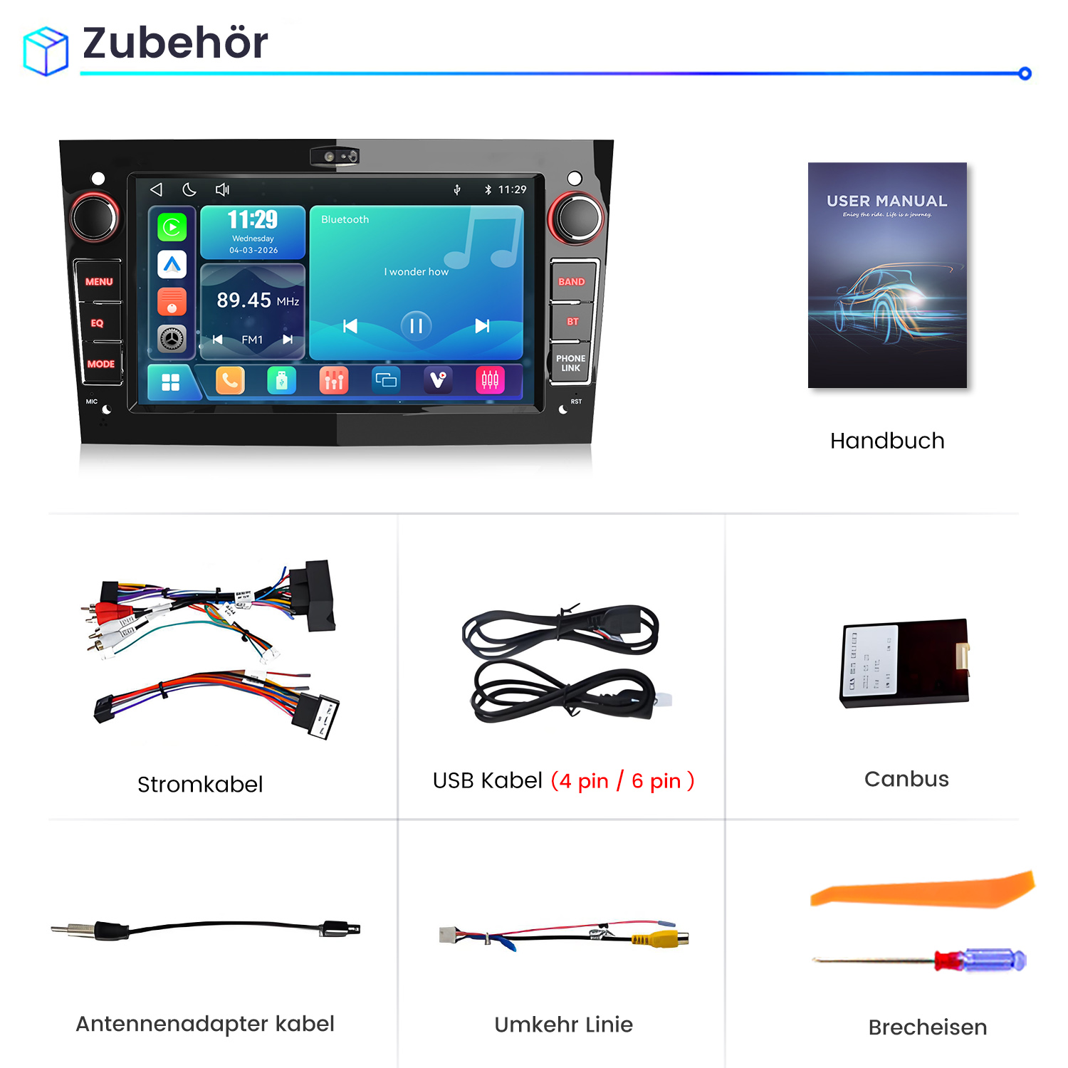 Autozubehör: Autoradio, Handbuch, Kabel, Canbus und Werkzeug.