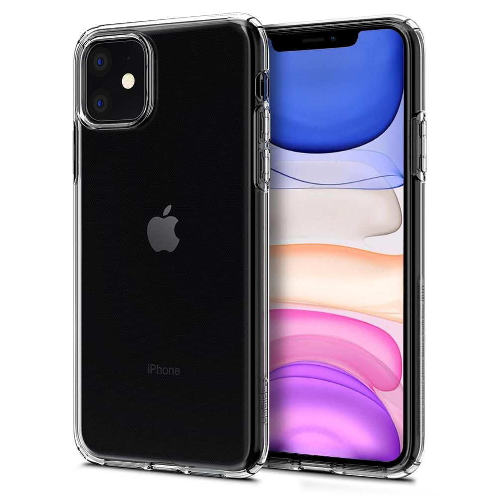 Un iPhone nero in una custodia trasparente con due fotocamere. Logo Apple visibile.