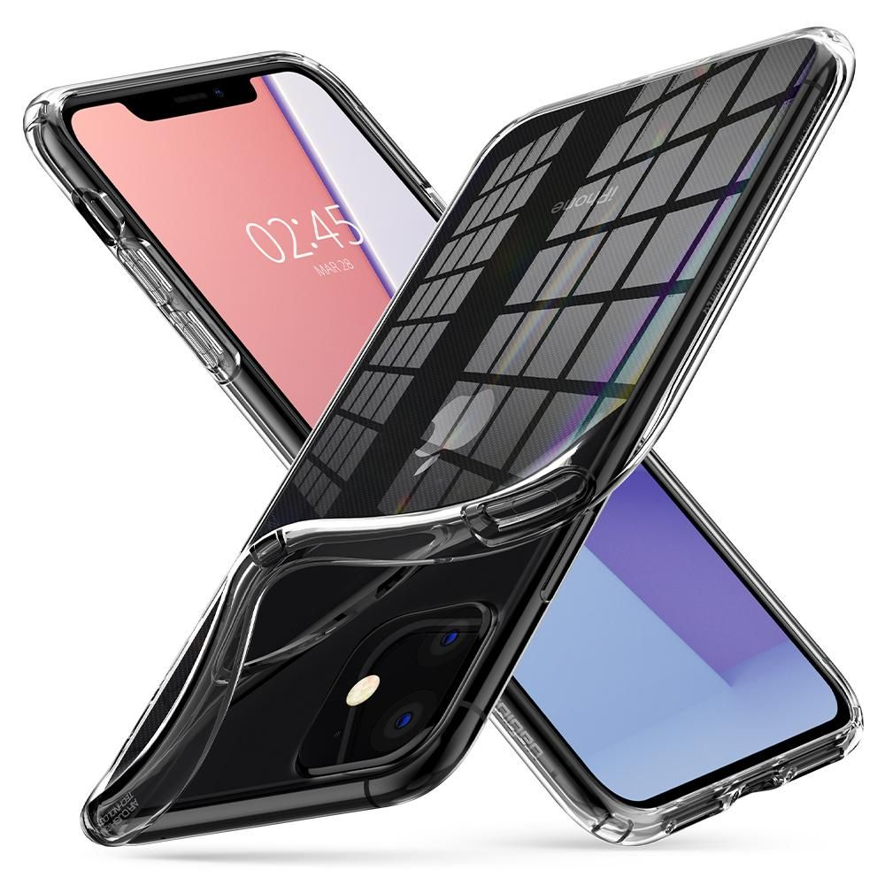 Due custodie trasparenti per telefono con iPhone. Una mostra 02:45, l'altra un motivo a scacchi.