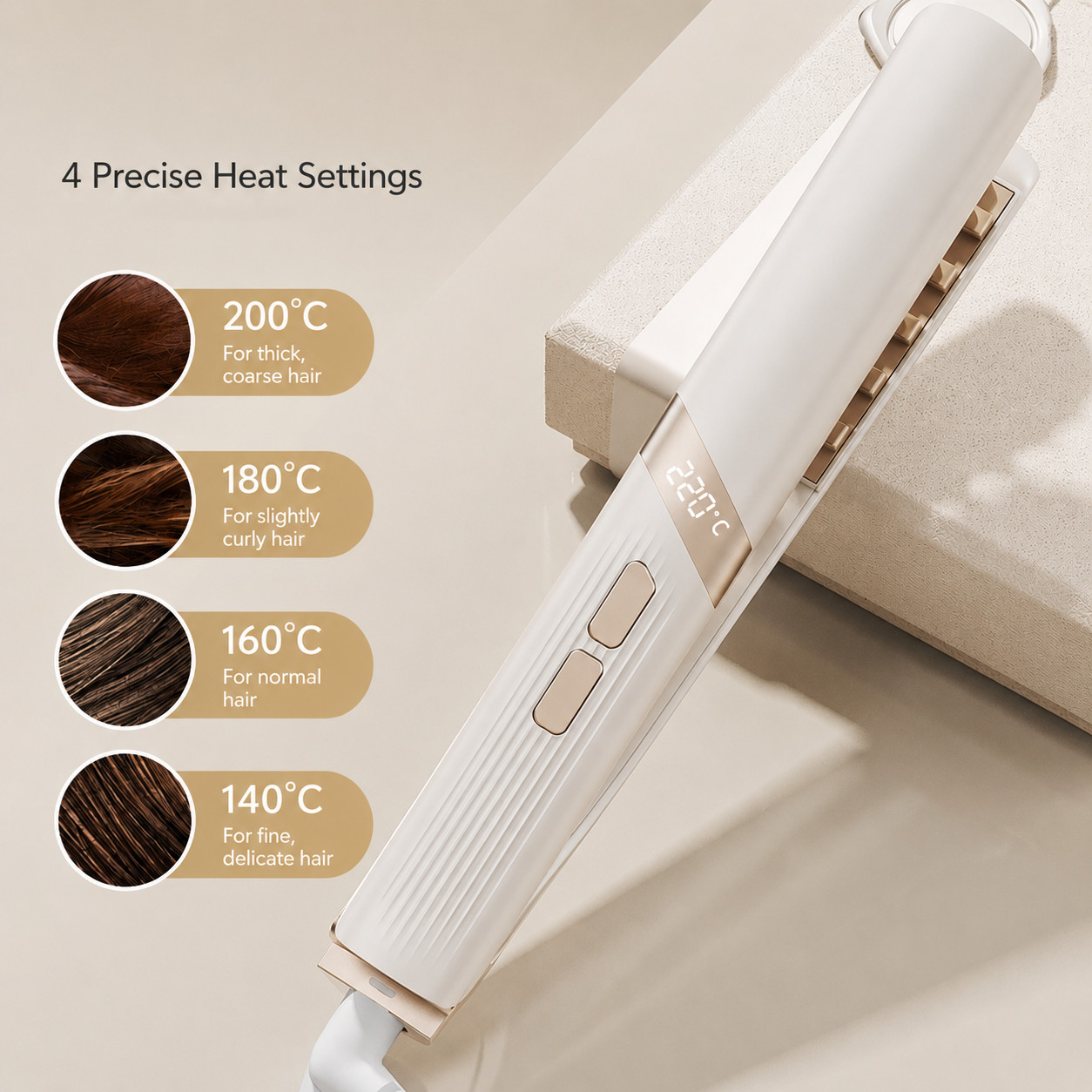 Ein weißer Haarglätter mit goldenen Akzenten und einer Digitalanzeige "220°C" neben den Temperatureinstellungen für Haartypen.