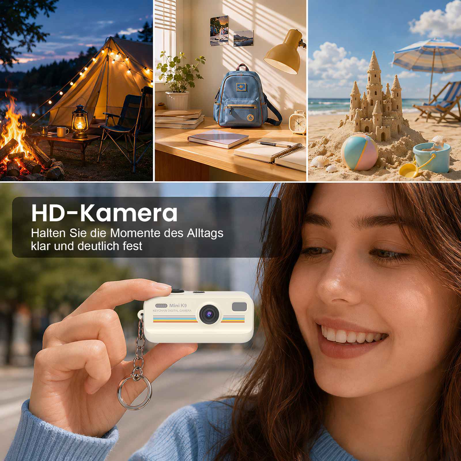Collage: Camping, Schreibtisch, Strand, Frau mit Kamera. HD-Kamera-Werbung.