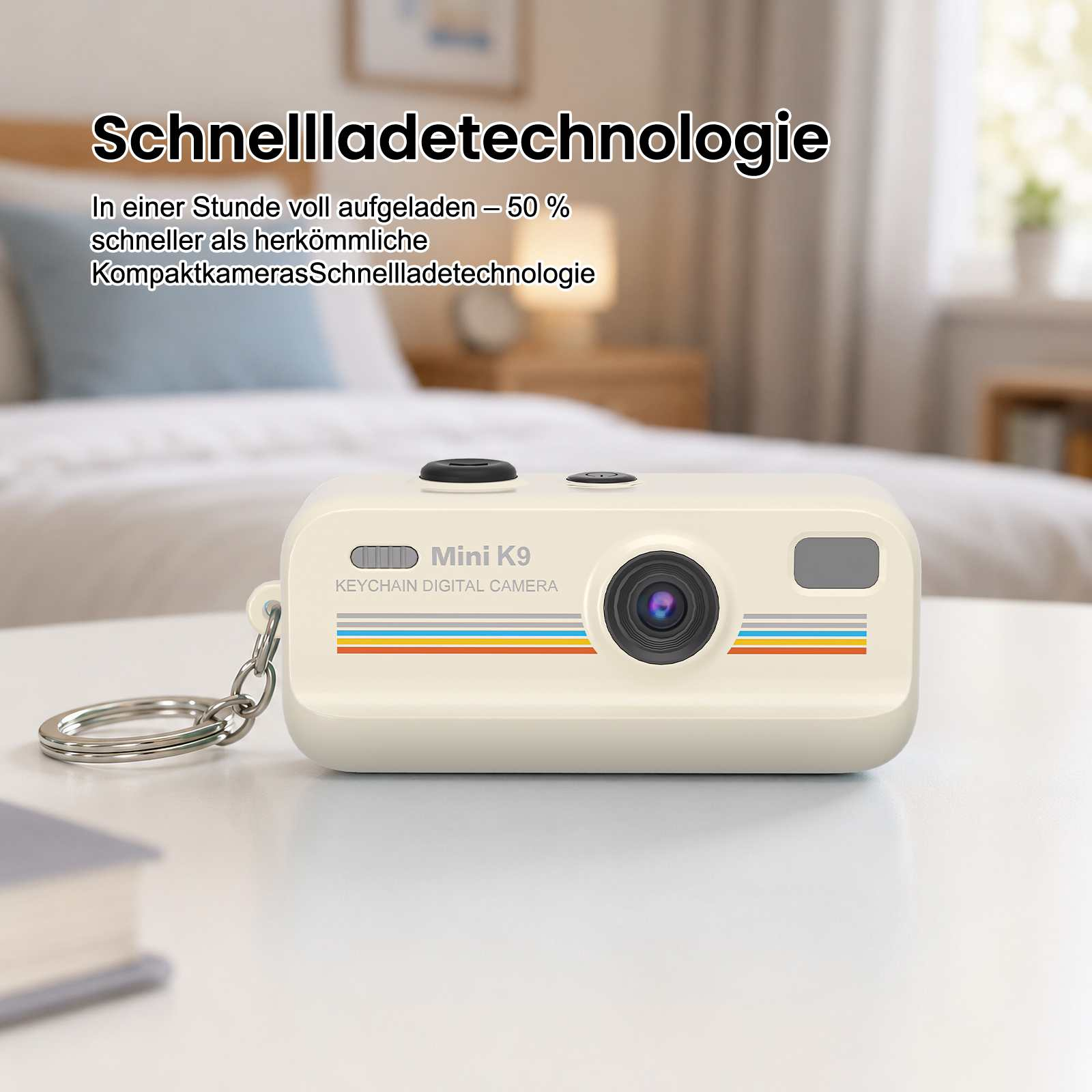 Eine beige Mini K9 Digitalkamera mit Schlüsselring auf einem Tisch.