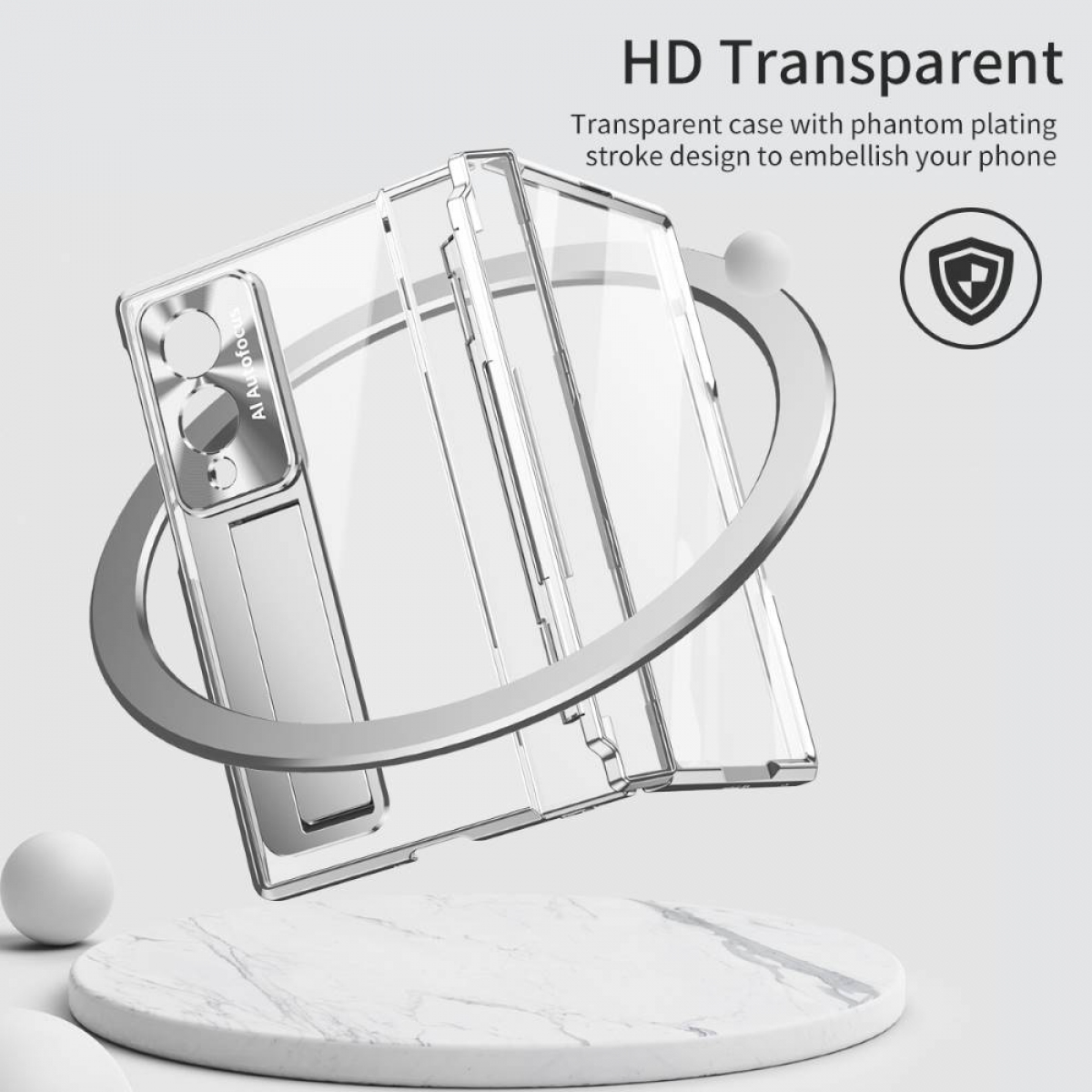 Transparente Handyhülle mit silbernem Rand und Fokus-Design.