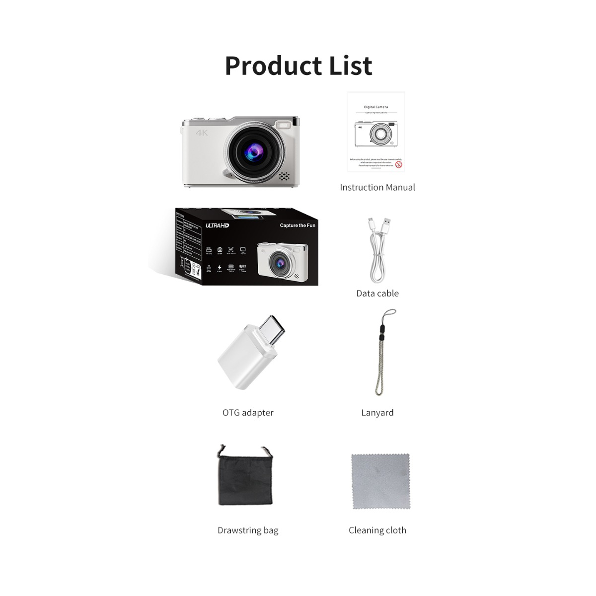 Produktliste: weiße 4K-Kamera, Handbuch, Datenkabel, OTG-Adapter, Lanyard, Tasche, Tuch.