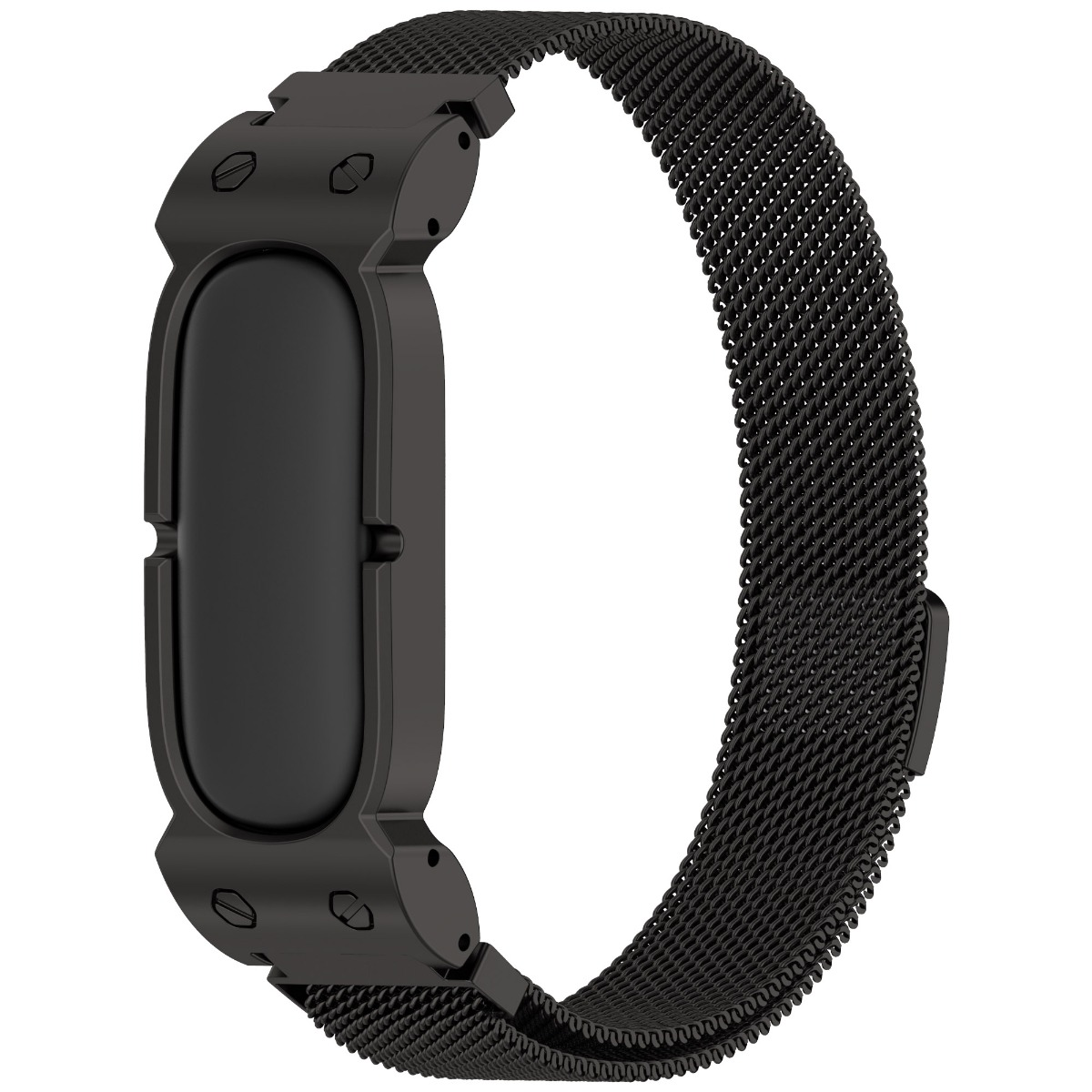 Ein schwarzes Metallarmband für ein Fitnessarmband, mit einem Mesh-Design.