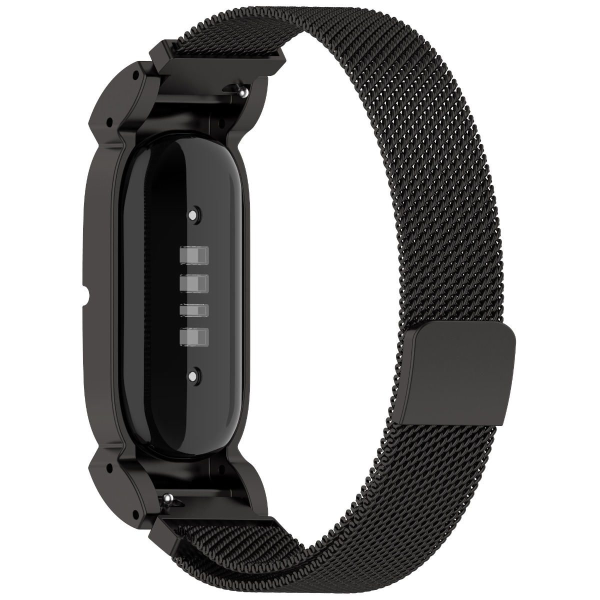 Schwarzes Smartwatch-Armband aus Edelstahlgewebe mit magnetischem Verschluss.