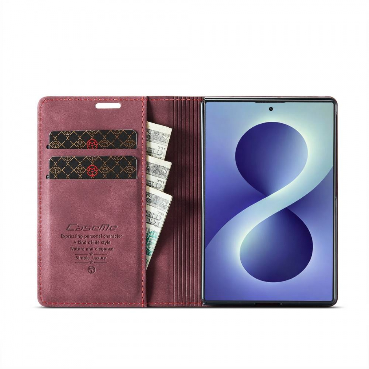 Geöffnete burgunderrote Brieftusche mit Karten und Bargeld, neben einem Telefon mit 8er-Design.