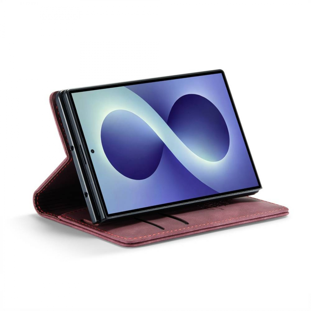 Ein rotes Klapphandy-Etui mit einem Tablet, das einen blauen Infinity-Symbol-Hintergrund anzeigt.