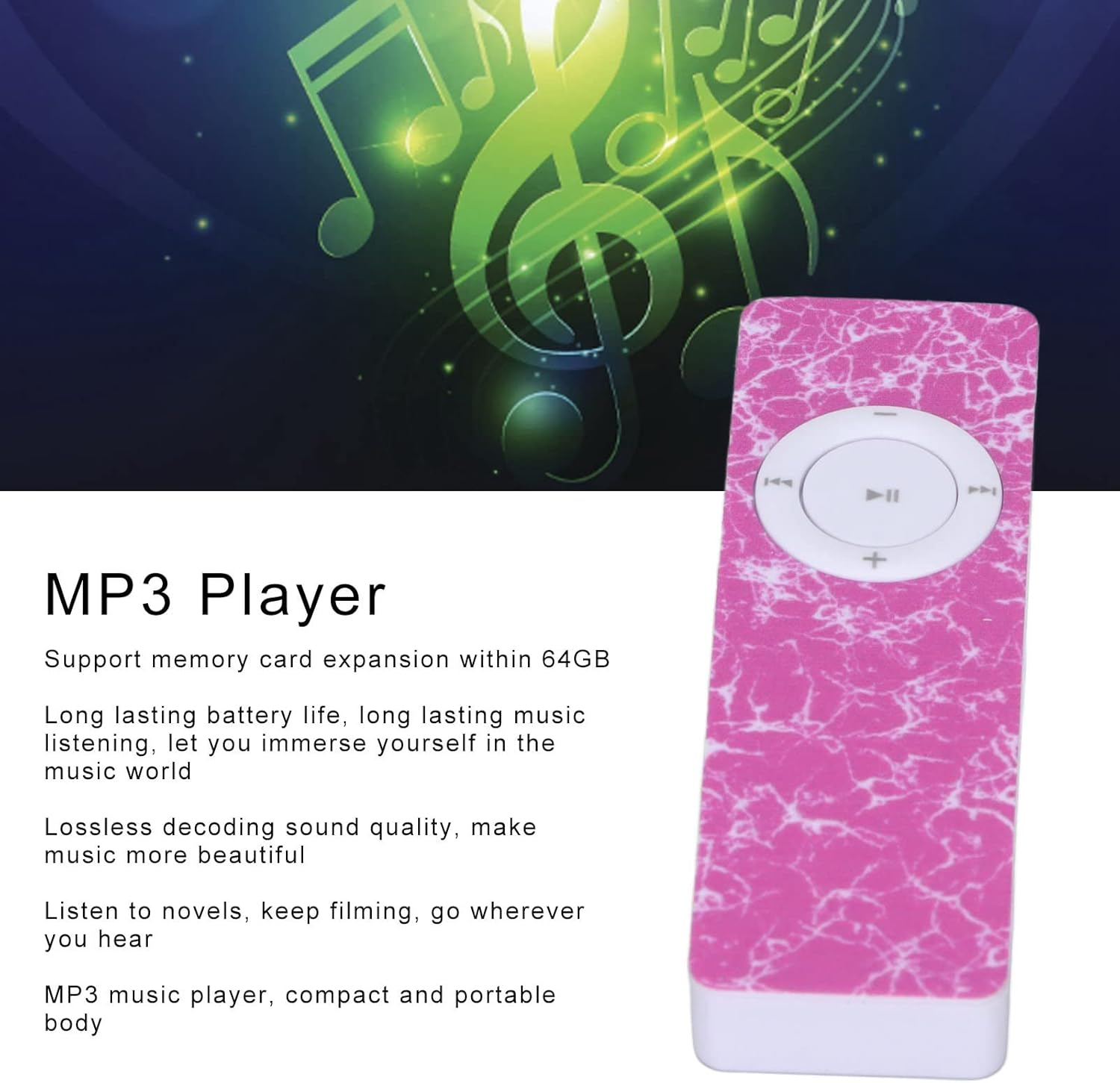 Pinker MP3-Player mit weißen Noten auf dunklem Hintergrund.
