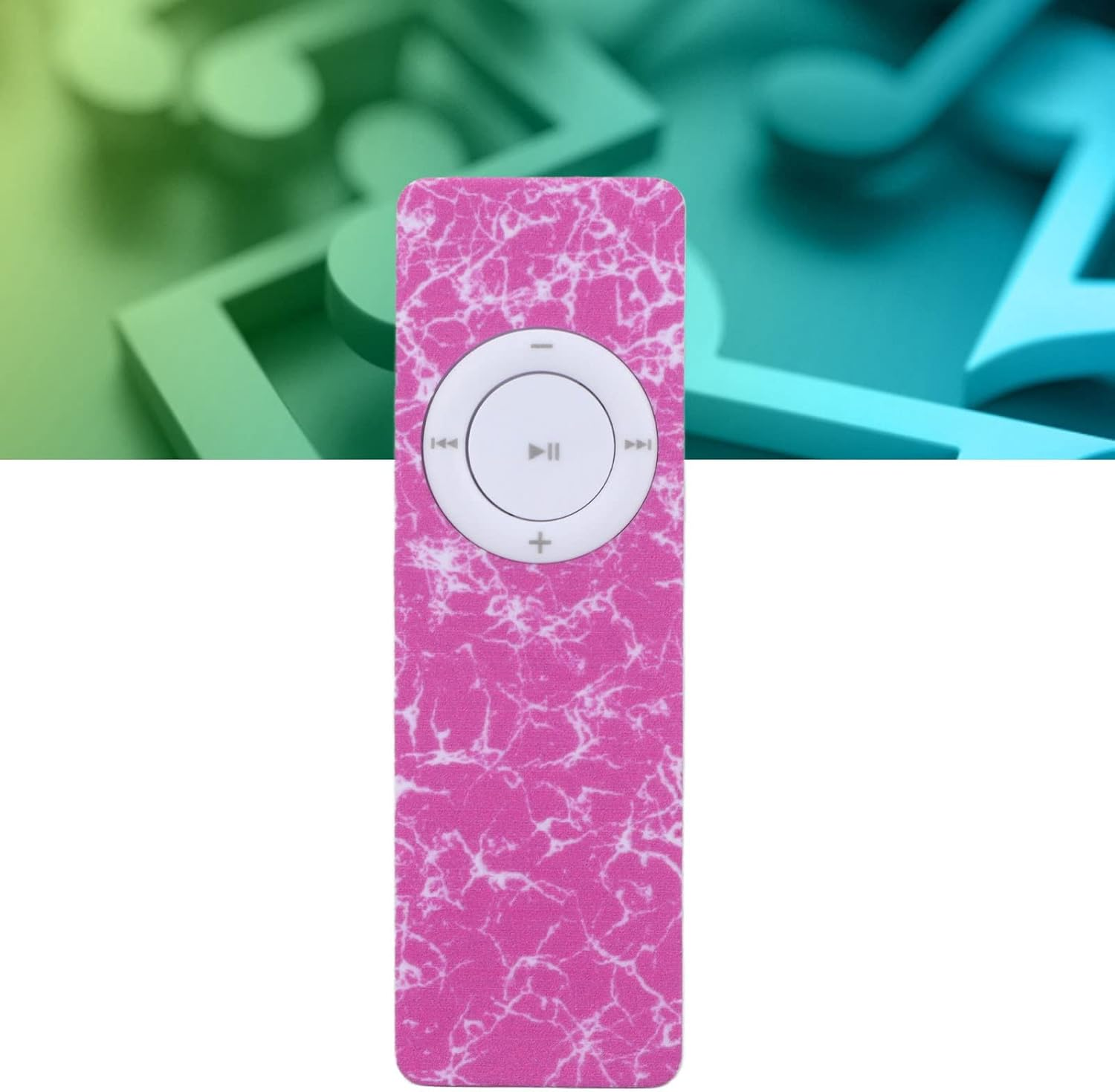 Ein pinker MP3-Player mit Marmormuster und weißen Tasten.