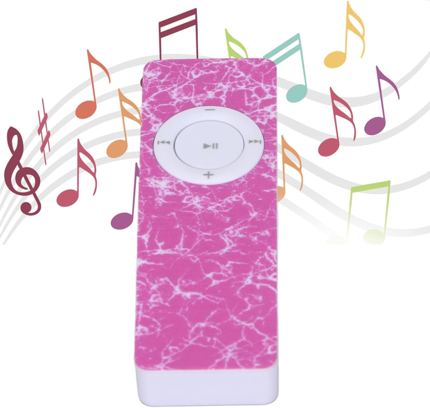 Ein pinker MP3-Player mit Marmormuster und bunten Noten.
