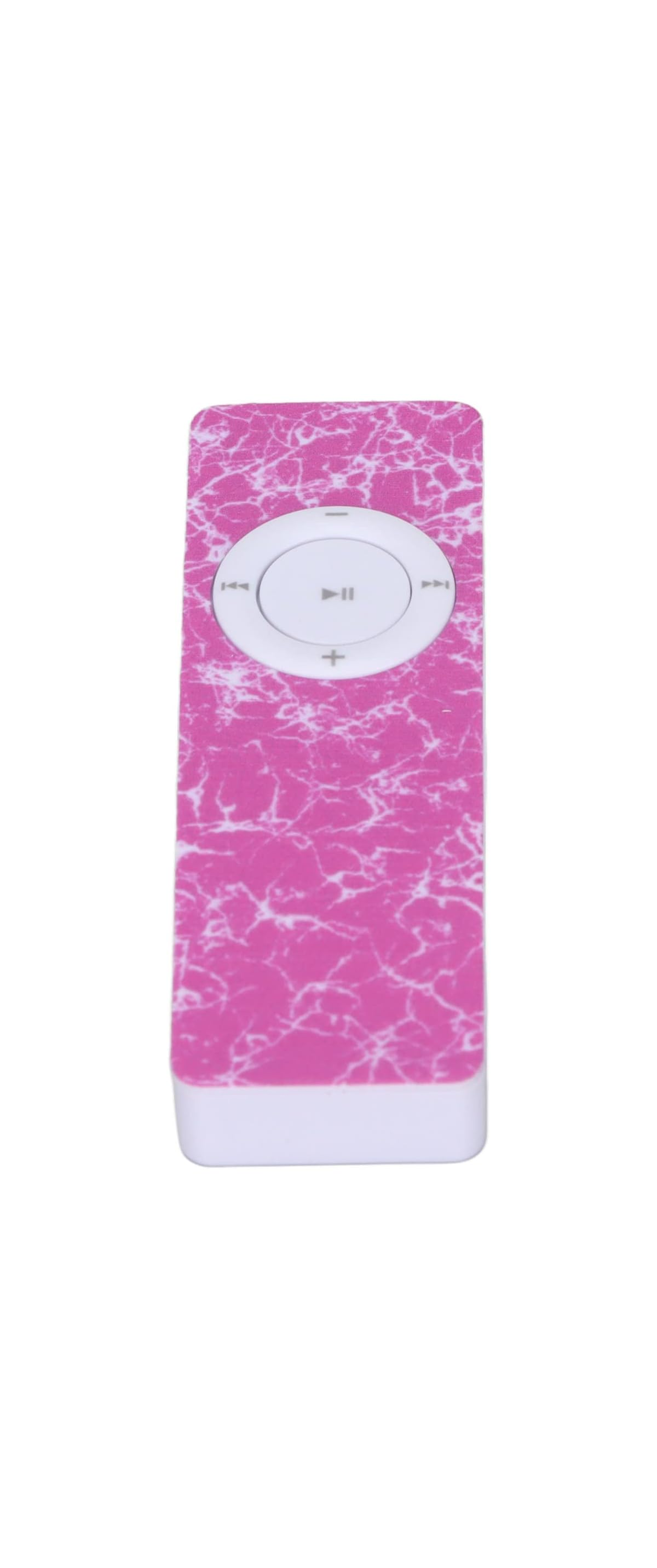 Ein pinker MP3-Player mit Marmormuster und weiem Bedienfeld.