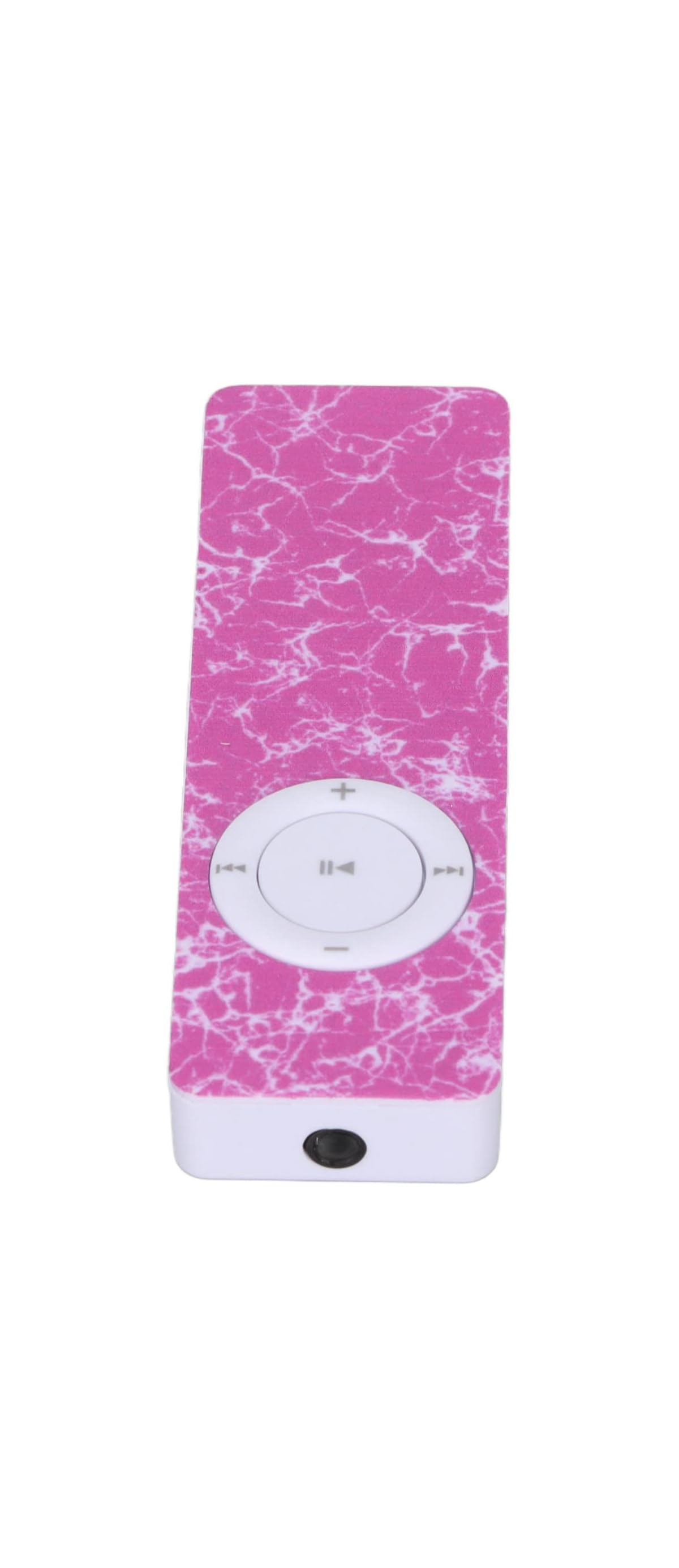 Ein pinker MP3-Player mit Marmormuster, weiem Steuerrad und Kopfheranschluss.