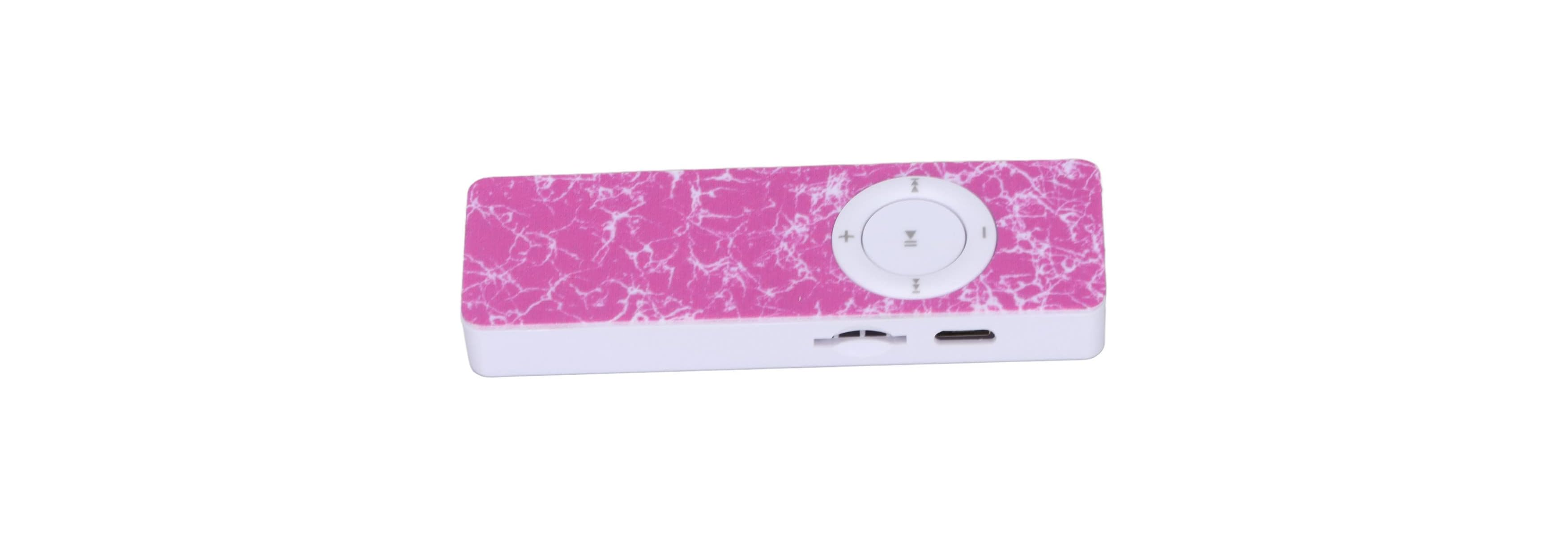Ein pinker MP3-Player mit Marmormuster und Bedienelementen.