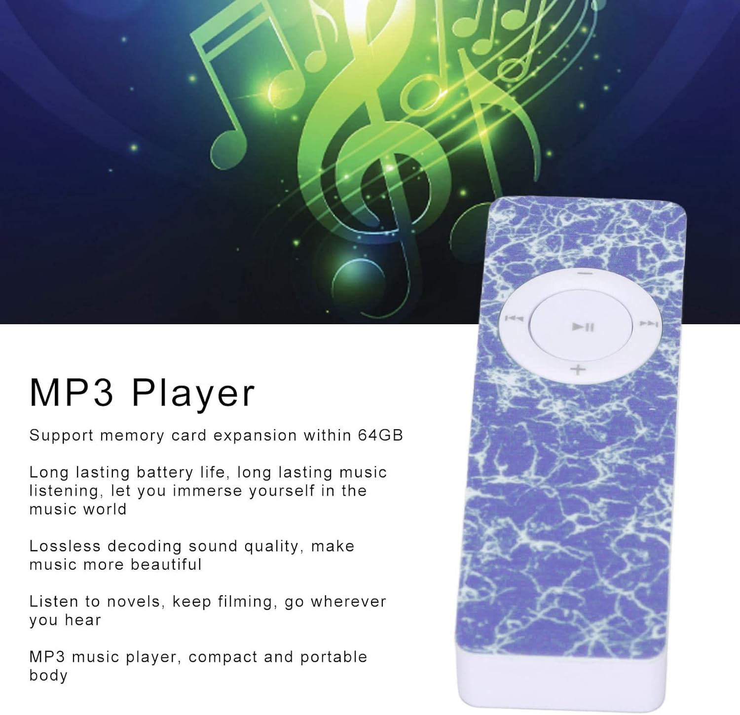 Lila MP3-Player mit weißem Zifferblatt vor musikalischen Noten.