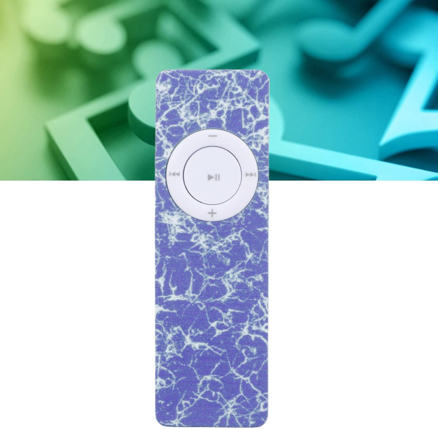 Ein lila iPod Shuffle mit Marmormuster und Musiknoten im Hintergrund.