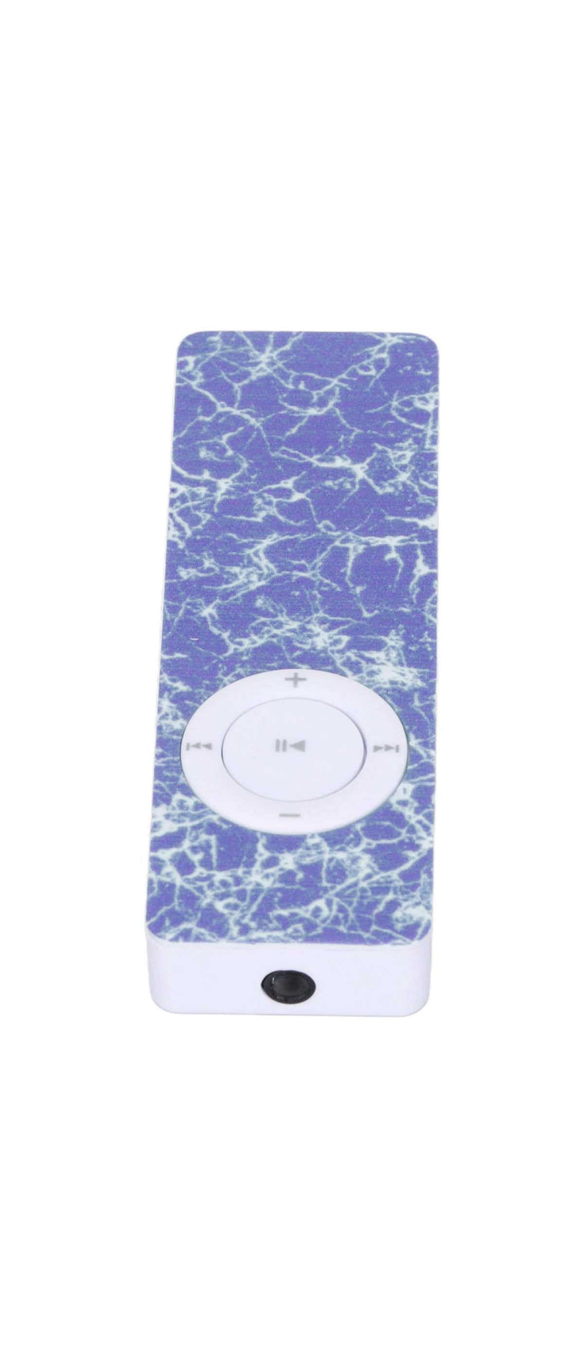 Ein blauer MP3-Player mit Marmormuster und Steuerungstasten.