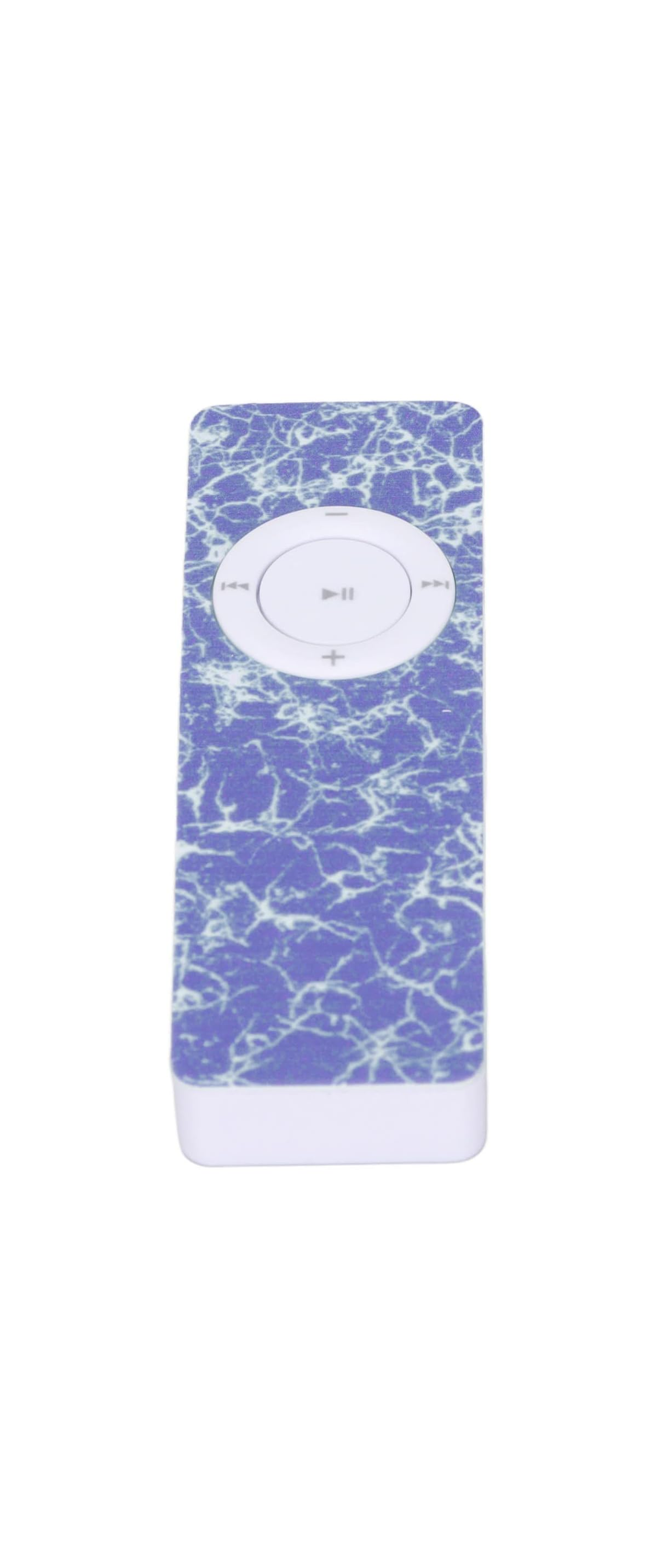Ein lila iPod Shuffle mit Marmormuster und weißem Bedienfeld.