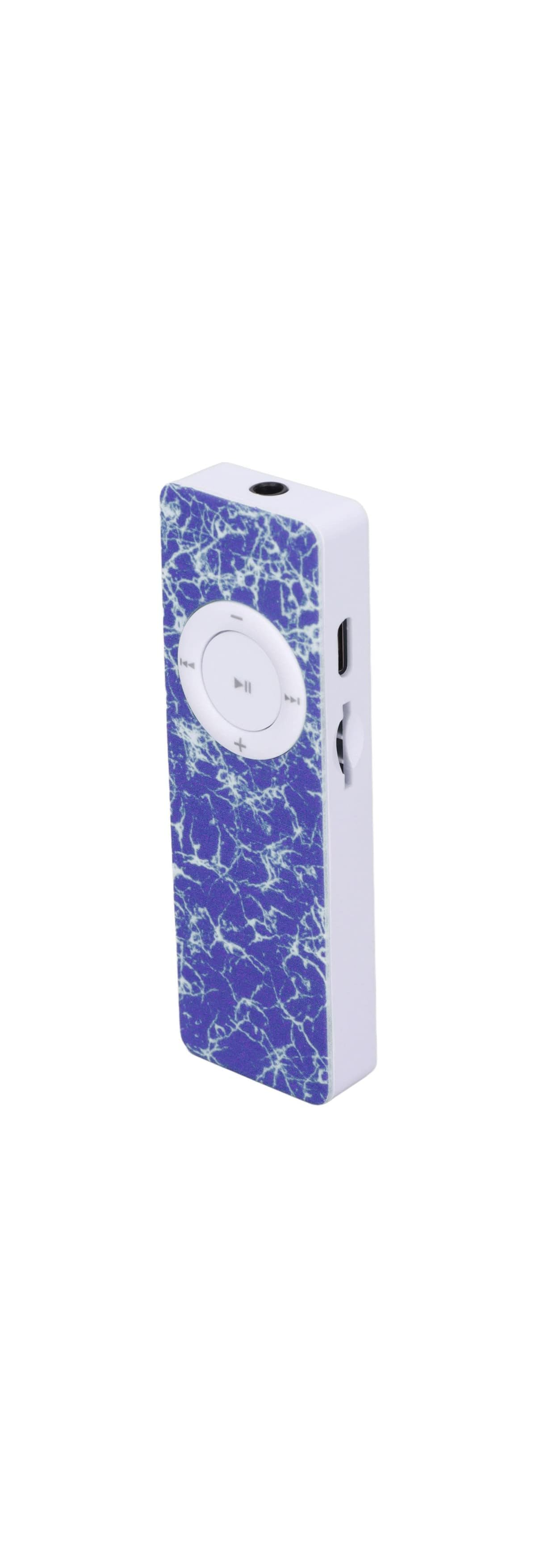 Ein kleiner weißer MP3-Player mit blauem Marmormuster und Bedienelementen.