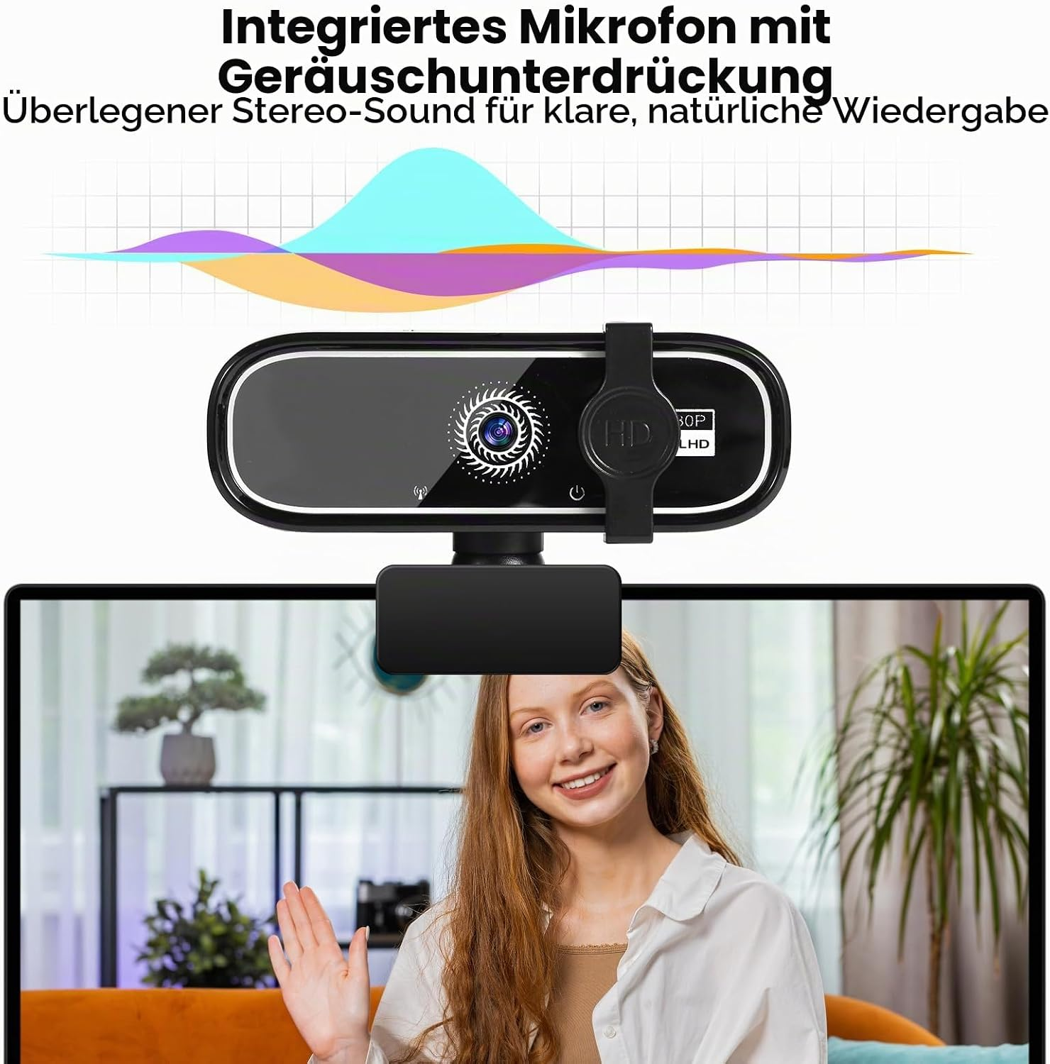 Webcam mit integriertem Mikrofon und Tonwellen-Grafik über einer Frau.
