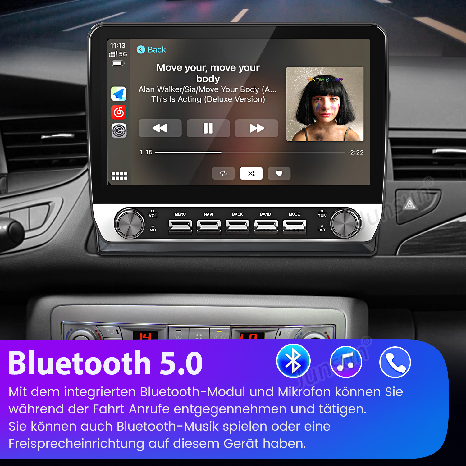 Ein Autoradio mit Musikplayer-Interface, das eine Frau mit Gesichtsbemalung zeigt, und Text über Bluetooth 5.0 darunter.